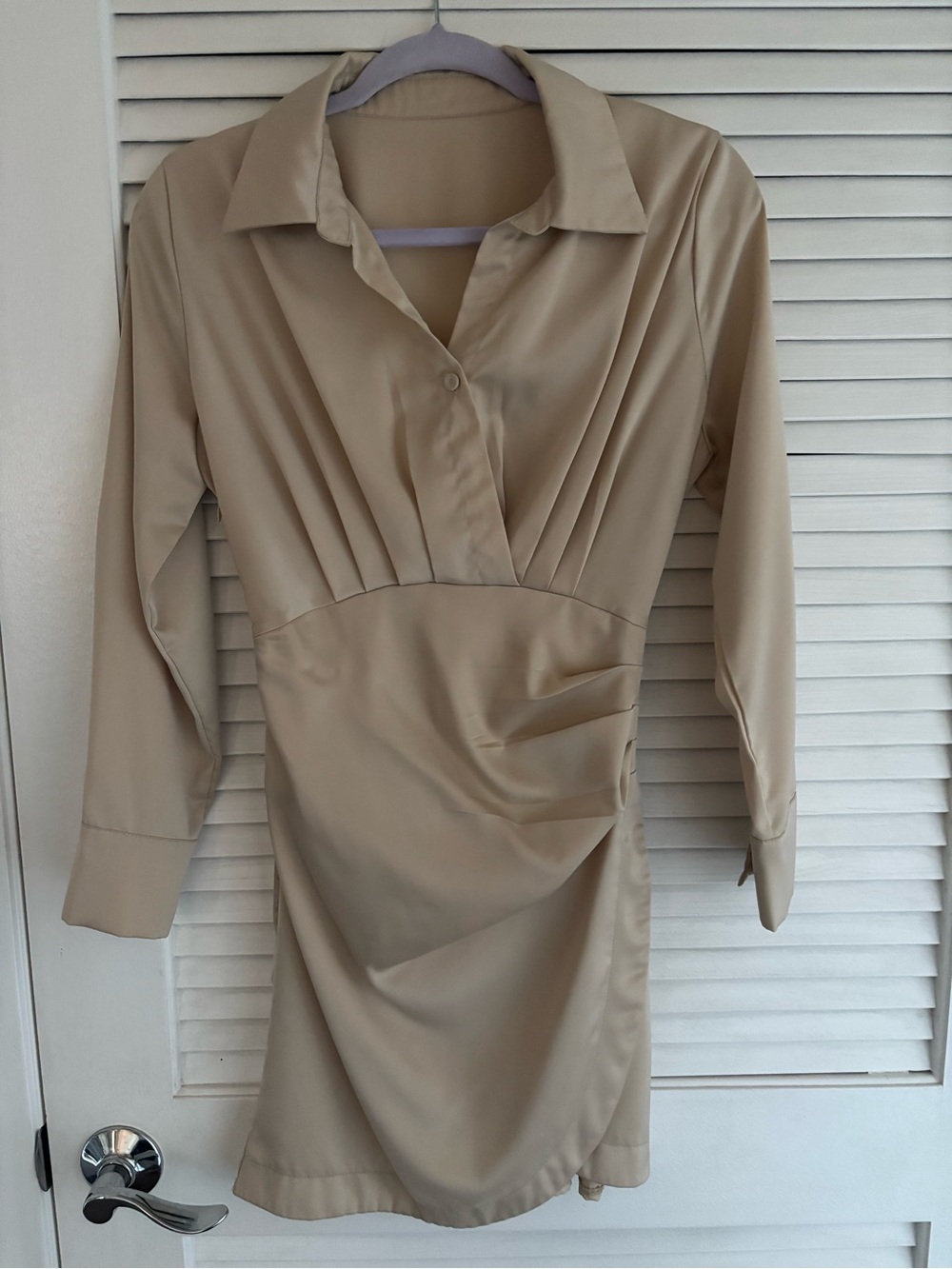 Neutral Beige Long Sleeve Shirt Dress with Gathered Waist